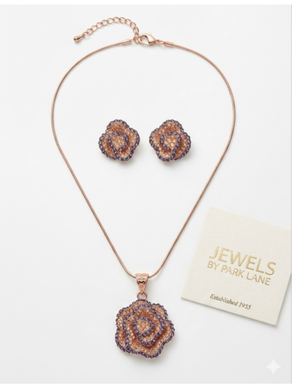 Jewels by Park Lane “Camelia” Rose Gold Purple Rose Necklace & Earrings Set
